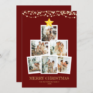 Photo Collage Tree Red String lights Christmas Holiday Card