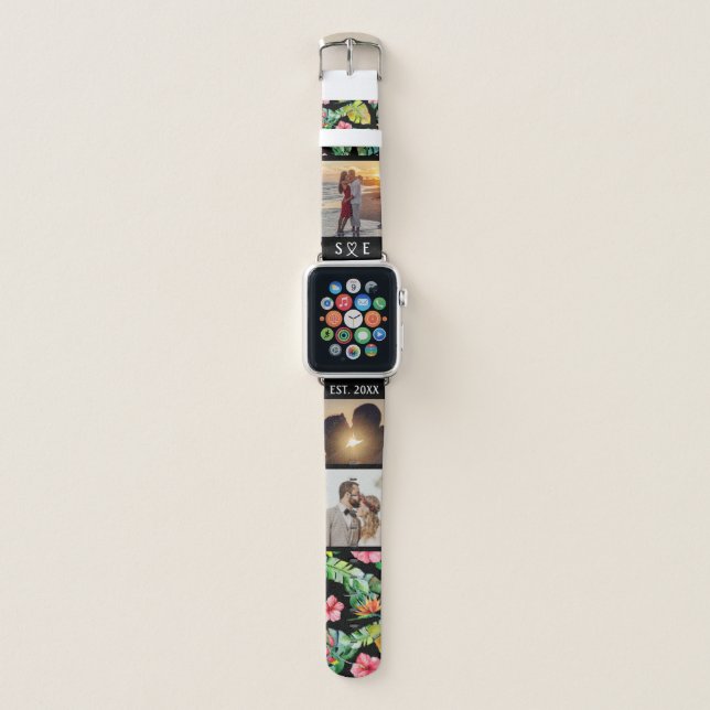Photo Collage Tropical Hibiscus Initials Black Apple Watch Band (Front)