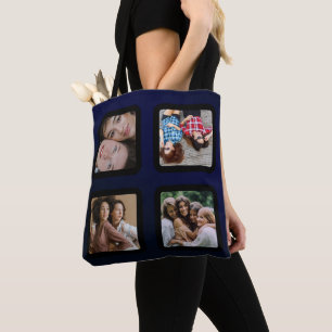 Photo Collage Unique Personalize 4 Photo NAVY BLUE Tote Bag