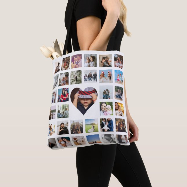 Photo Collage Unique Personalized 33 Photo Heart Tote Bag (Close Up)