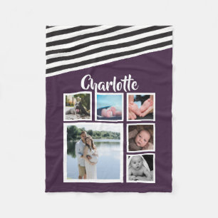 Photo Collage Unique Personalized Purple Striped Fleece Blanket