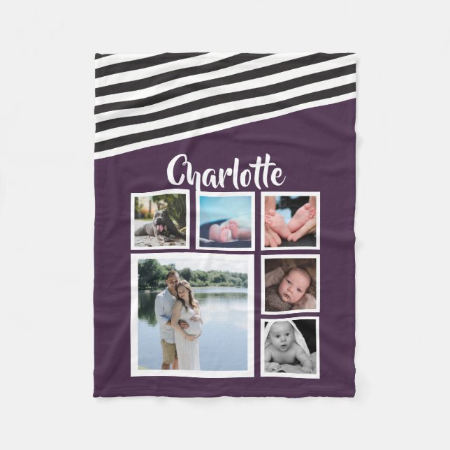 Photo Collage Unique Personalized Purple Striped Fleece Blanket (Front)