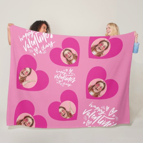 Photo Collage Valentines Day Hot Pink Hearts Fleece Blanket