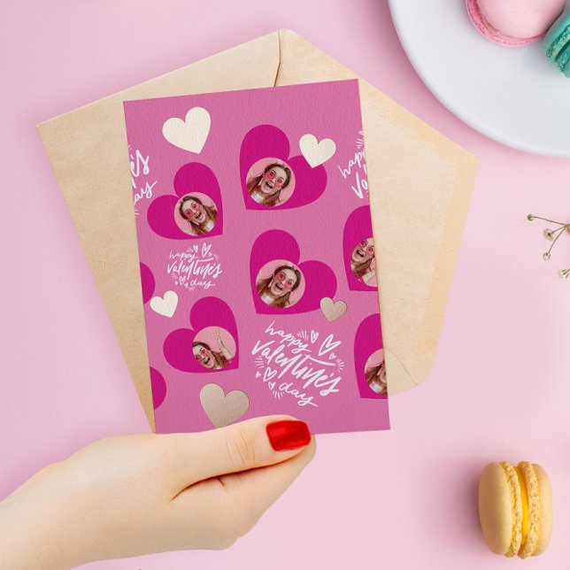 Photo Collage Valentine's Day Hot Pink Hearts Foil Greeting Card (Creator Uploaded)