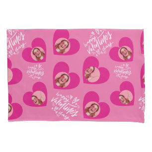 Photo Collage Valentine's Day Hot Pink Hearts Pillow Case