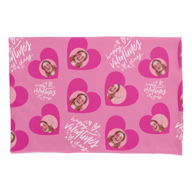 Photo Collage Valentine's Day Hot Pink Hearts Pillow Case (Front)