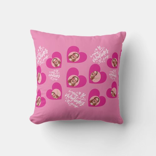 Photo Collage Valentines Day Hot Pink Hearts Throw Pillow