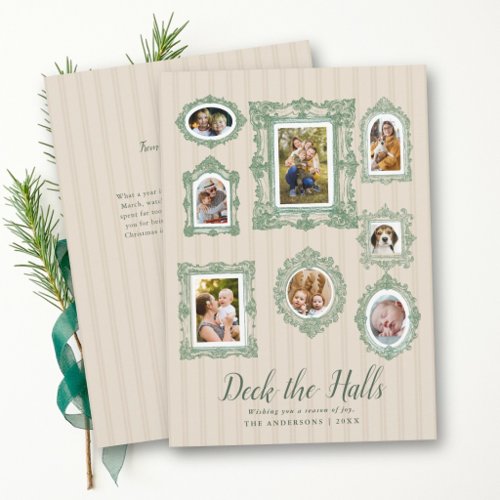 Photo Collage Vintage Sketch Green Tan Christmas Holiday Card