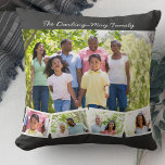 Photo Collage w Family Name and ZigZag Photo Strip Throw Pillow<br><div class="desc">Personalize this happy throw pillow with your favorite family photos. The template is set up ready for you to add up to 5 photos and your family name (or custom text). The main photo will be used as the background and the remaining 4 photos will be laid out in a...</div>