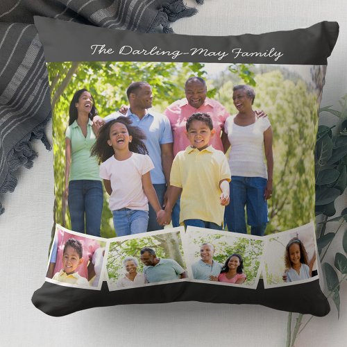 Photo Collage w Family Name and ZigZag Photo Strip Throw Pillow
