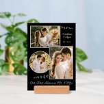 Photo Collage Wedding Couple Custom Mr Mrs Kisses Holder<br><div class="desc">Celebrate and memorialize your wedding with this beautiful photo collage picture holder. The pretty layout includes space for a horizontal, vertical and round photo, with each photograph surrounded by a gray border on a black background. The design also has decorative vines and the bride and groom names and wedding date....</div>
