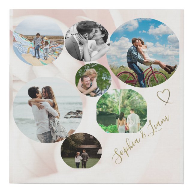 Photo Collage Wedding Engagement Rose Memories Faux Canvas Print (Front)