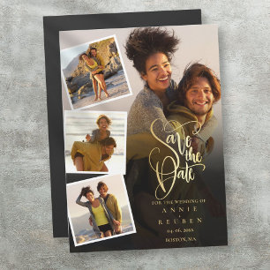 Photo Collage Wedding Gold Save The Date Magnetic Invitation