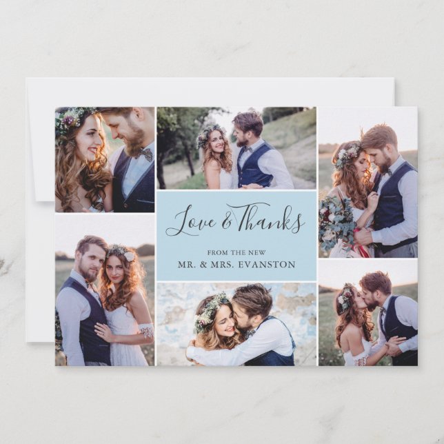 Photo Collage Wedding Thank You Flat Card | Blue (Front)