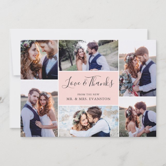 Photo Collage Wedding Thank You Flat Card | Blush (Front)