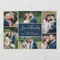 Photo Collage Wedding Thank You Flat Card | Navy