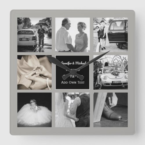 PHOTO COLLAGE Wedding Vow Renewal Anniversary Grey Square Wall Clock
