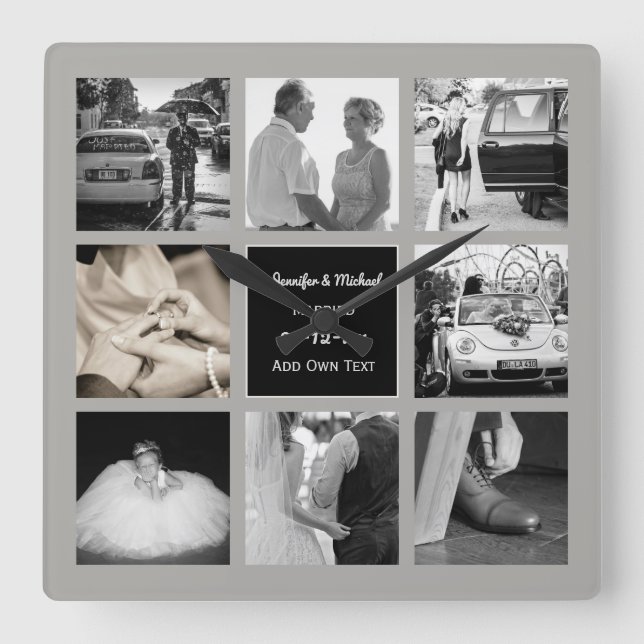 PHOTO COLLAGE Wedding Vow Renewal Anniversary Grey Square Wall Clock (Front)