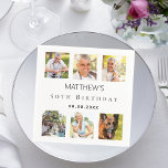 Photo collage white birthday party napkins<br><div class="desc">For a 50th (or any age) birthday,  celebrating his/her life with a collage of 6 of your high quality photos of her,  her friends,  family,  interest or pets.  Personalize and add a name,  age,  date.    A stylish white background,  black text.</div>