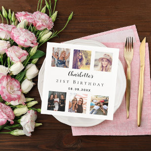 Photo collage white birthday party napkins