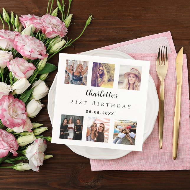 Photo collage white birthday party napkins (Creator Uploaded)