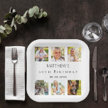 Photo collage white birthday party paper plates<br><div class="desc">For a 50th (or any age) birthday,  celebrating his/her life with a collage of 6 of your high quality photos of her,  her friends,  family,  interest or pets.  Personalize and add a name,  age,  date.    A stylish white background,  black text.</div>