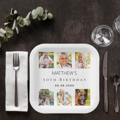 Photo collage white birthday party paper plates
