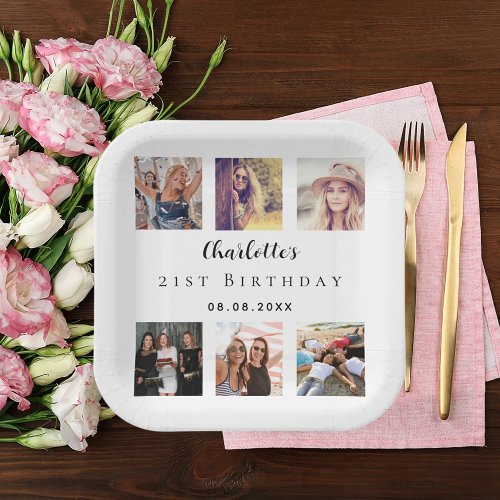 Photo collage white birthday party paper plates