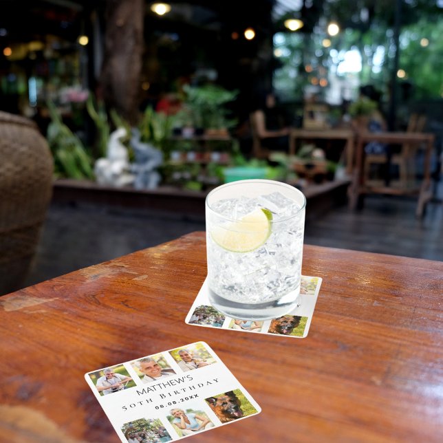 Photo collage white birthday party square paper coaster (Creator Uploaded)