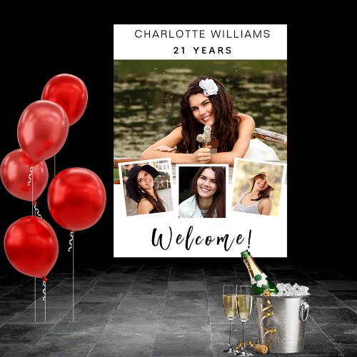 Photo collage white birthday party welcome poster