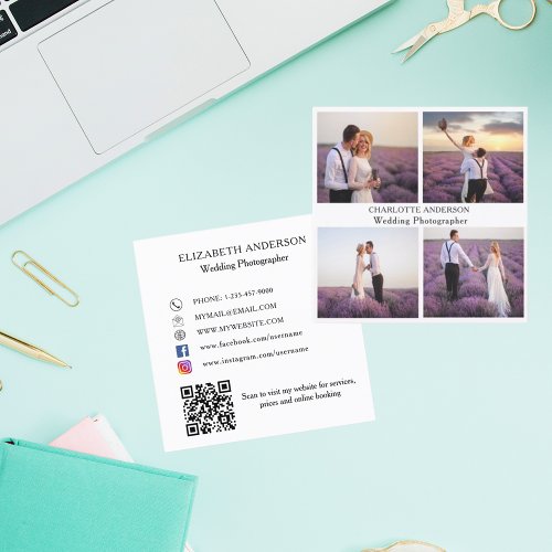 Photo collage white black QR code social media Square Business Card