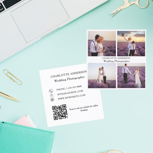 Photo collage white black QR code Square Business Card