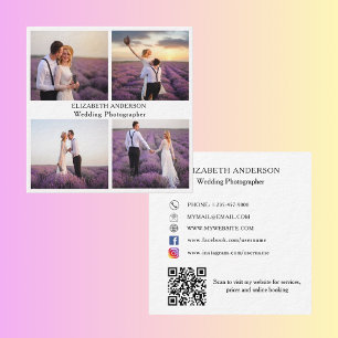 Photo collage white black QR social media premium Square Business Card