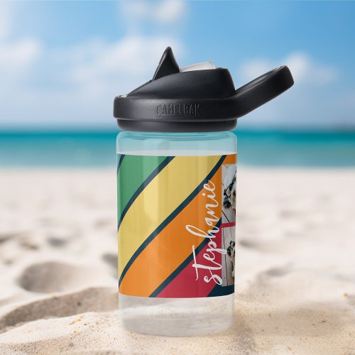 Photo Collage with 4 Photos Colorful Retro Stripes Water Bottle