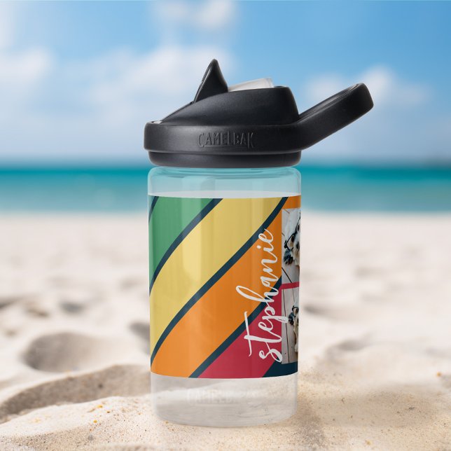 Photo Collage with 4 Photos Colorful Retro Stripes Water Bottle (Custom water bottle - personalize with a name or other text)
