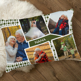 Photo Collage with 5 Pictures Green and White Nana Accent Pillow