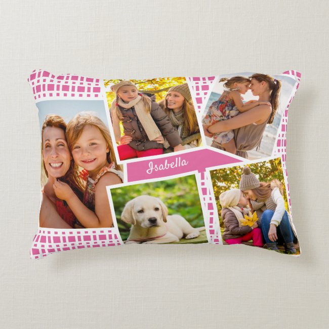 Photo Collage with 5 Pictures Pink and White Accent Pillow