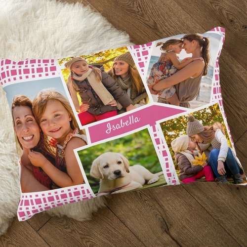 Photo Collage with 5 Pictures Pink and White Accent Pillow