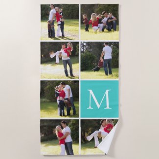 Photo collage with 7 photos and monogram beach towel
