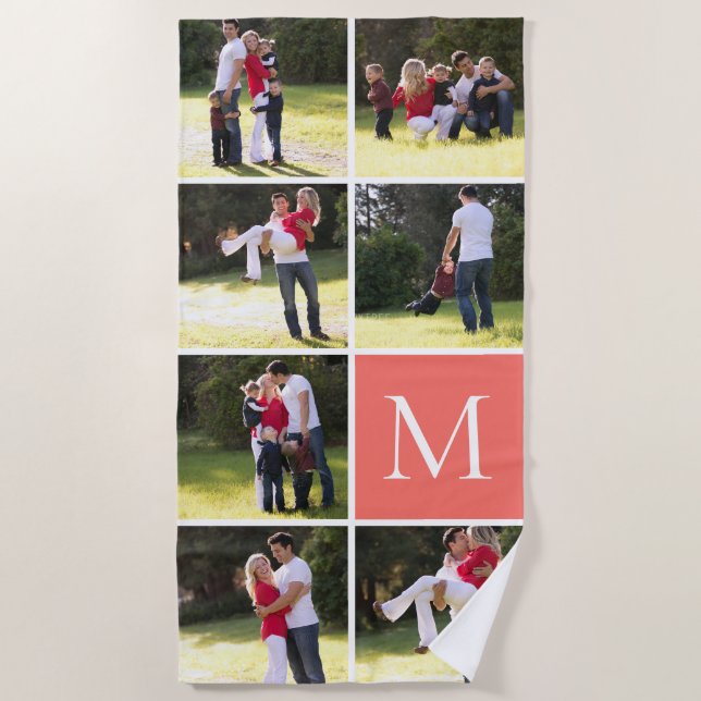 Photo collage with 7 photos, monogram coral beach towel (Front)