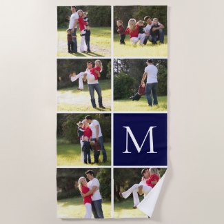 Photo collage with 7 photos, monogram navy blue beach towel