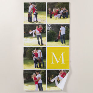 Photo collage with 7 photos, monogram yellow beach towel