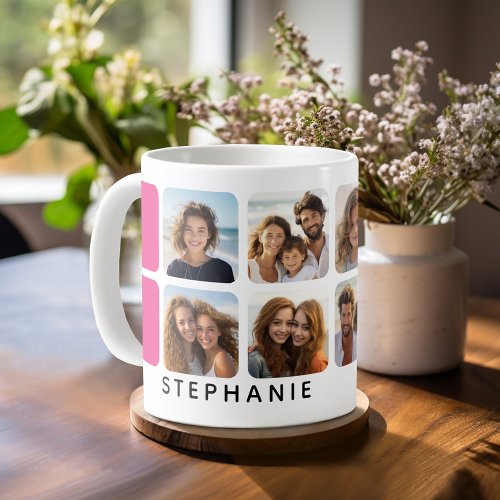 Photo Collage with 8 Photos and Hot Pink Accents Coffee Mug