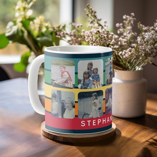 Photo Collage with 8 Photos Colorful Retro Stripes Coffee Mug