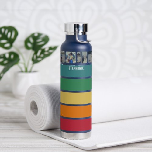 Photo Collage with 8 Photos Colorful Retro Stripes Water Bottle