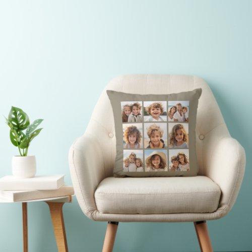 Photo Collage with 9 square photos _ Taupe Throw Pillow