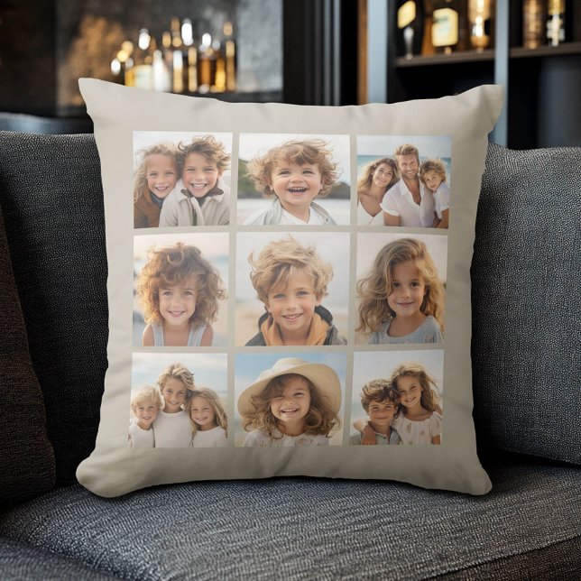Photo Collage with 9 square photos - Taupe Throw Pillow (Custom Photo Collage Pillow)