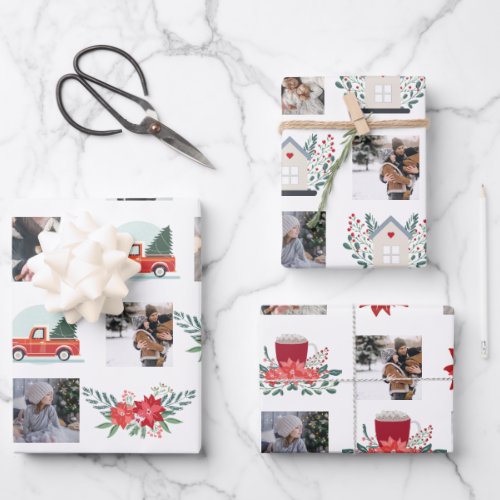 Photo Collage with Christmas poinsettia and decor Wrapping Paper Sheets