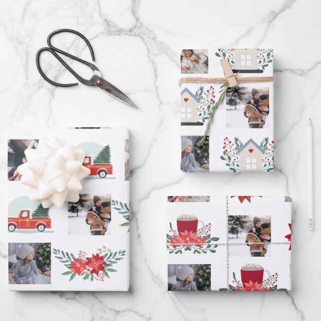 Photo Collage with Christmas poinsettia and decor Wrapping Paper Sheets (Front)