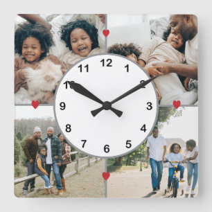 Photo collage with cute hearts square wall clock